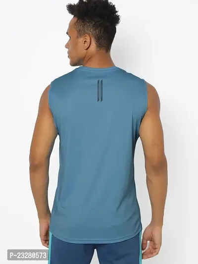 Rad prix Men Blue Textured Sleeveless Sports T-shirt-thumb4