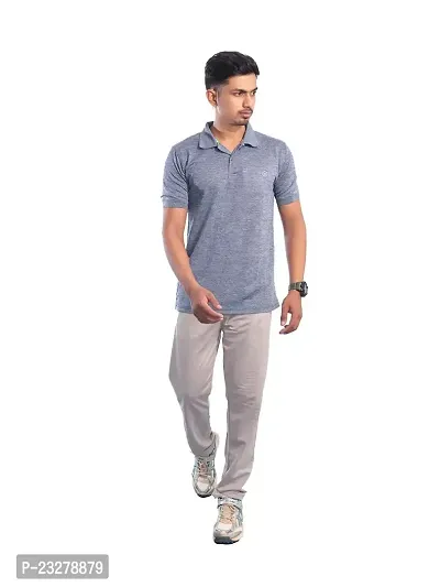 Men Basic Grey Polyester Polo Collared T-Shirt