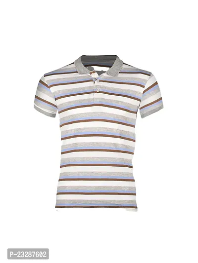 Mens Grey Fashion Striped Cotton Polo T-Shirt-thumb0