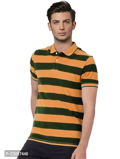 Rad prix Men Orange and Black Thick Stripes Regular fit Polo T-Shirt