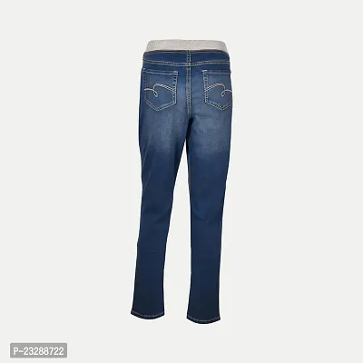 Women Blue Denim Knitted Rib Waist Casual Pant-thumb4