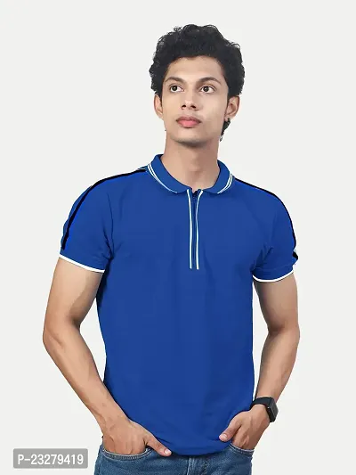 Rad prix Men Solid Blue Cotton Contrast Tipping Polo T-Shirt-thumb3