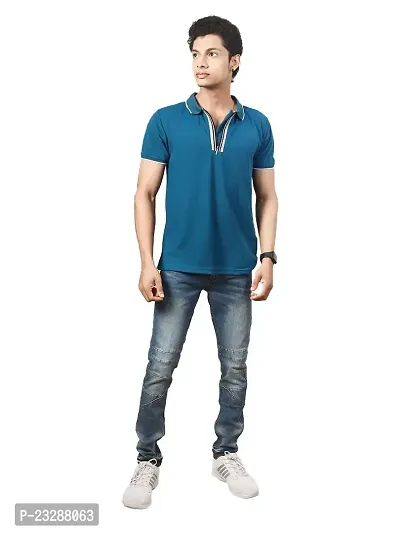 Rad prix Men Teal Blue Cotton Contrast Tipping Polo T-Shirt-thumb0