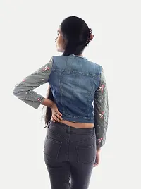 Rad prix Teen Girls Denim Blue Jacket With Flower Printed on Sleeves-thumb3