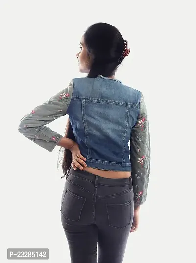 Rad prix Teen Girls Denim Blue Jacket With Flower Printed on Sleeves-thumb4