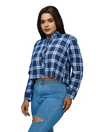 Women Sky Blue Checked Cotton Shirts-thumb2