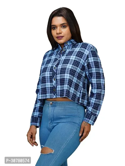 Women Sky Blue Checked Cotton Shirts-thumb3