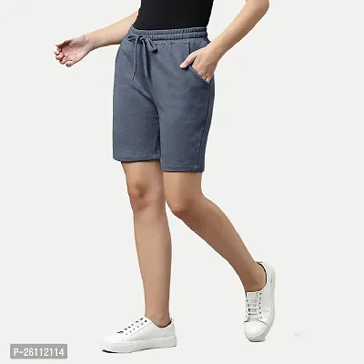 Womens Navy Melange Solid Knitted Casual Shorts-thumb2