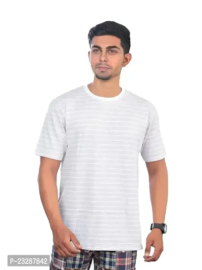 Rad prix Men Grey Melange with White strpped Cotton Casual T-Shirt