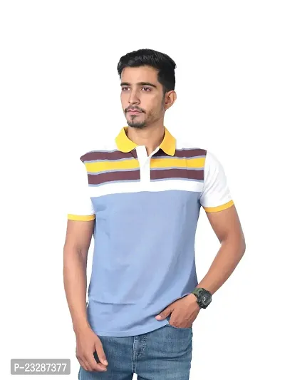 Rad prix Men Light Blue Colour-Blocked Polo T-Shirt