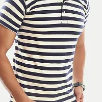 Mens Navy Fashion Striped Cotton Polo T-Shirt-thumb2