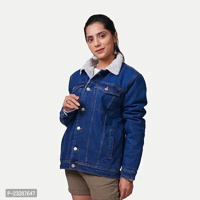 Rad prix Women Dark Blue Denim Jacket with Offwhite Fleece Lining Collar-thumb3