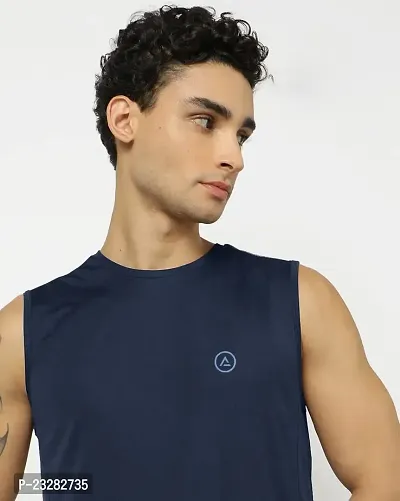 Rad prix Men Navy Textured Sleeveless Sports T-Shirt-thumb2