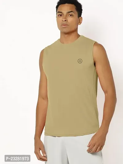 Rad prix Men Beige Solid Sleeveless Sports T-Shirt-thumb2