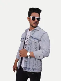 Rad prix Men Ice Blue Tailored Denim Jacket with Shirt Collar-thumb3