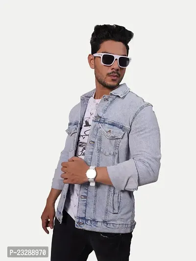 Rad prix Men Ice Blue Tailored Denim Jacket with Shirt Collar-thumb4