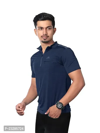 Rad prix Men Navy Active wear Zipper Half Sleeve T Shirt