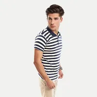 Mens Navy Fashion Striped Cotton Polo T-Shirt-thumb1