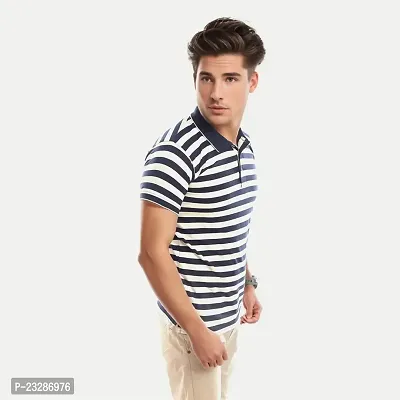 Mens Navy Fashion Striped Cotton Polo T-Shirt-thumb2