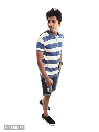 Rad prix Men Blue Contrast Stripe Slim Fit Polo T-Shirt-thumb0