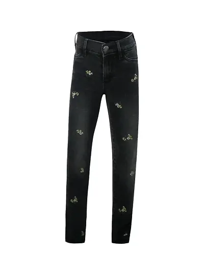 Rad prix Girls Dark Blue Washed Denim Pant with All Over Embroidery