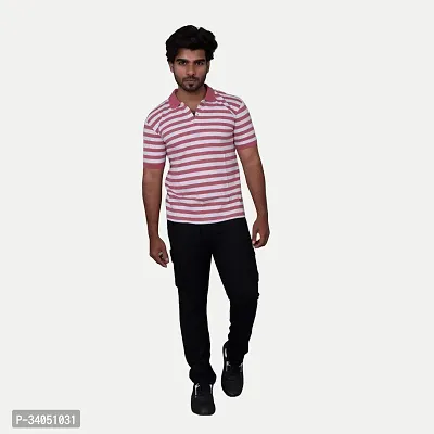 Stylish Pink Striped Cotton Polos For Men-thumb0