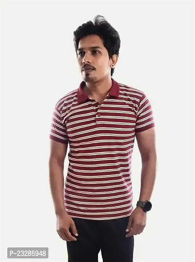 Men Red and White Thin Stripes Cotton T-Shirt-thumb4