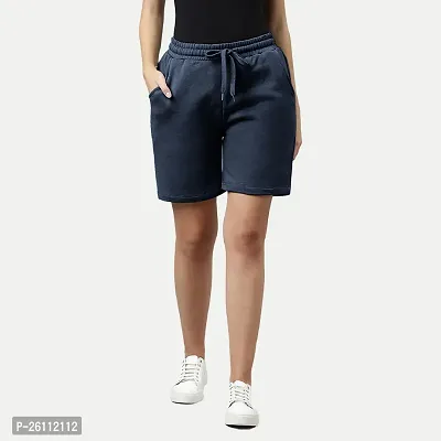 Womens Navy Solid Knitted Casual Shorts