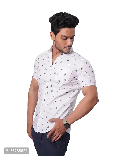 Men White Bird Print Half Sleeve Shirt