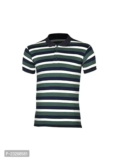 Mens Green Fashion Striped Cotton Polo T-Shirt-thumb0