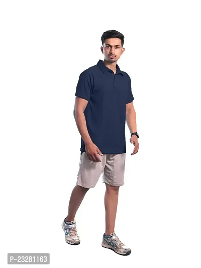 Men Basic Grey Polyester Polo Collared T-Shirt