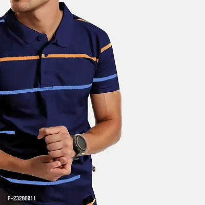 Mens Dark Blue Cotton Fashion Printed Polo T Shirt-thumb3