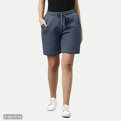 Womens Navy Melange Solid Knitted Casual Shorts