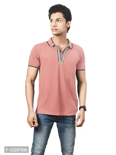 Rad prix Men Pink Cotton Contrast Tipping Zipper Polo T-Shirt-thumb0