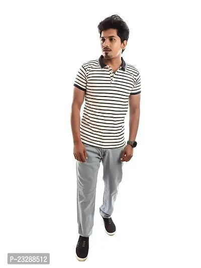 Men Blue and White Thin Stripes Cotton T-Shirt