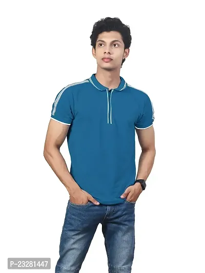 Rad prix Men Solid Blue Cotton Contrast Tipping Polo T-Shirt-thumb0