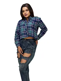 Women Sky Blue Checked Cotton Shirts-thumb2