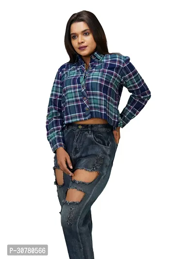 Women Sky Blue Checked Cotton Shirts-thumb3