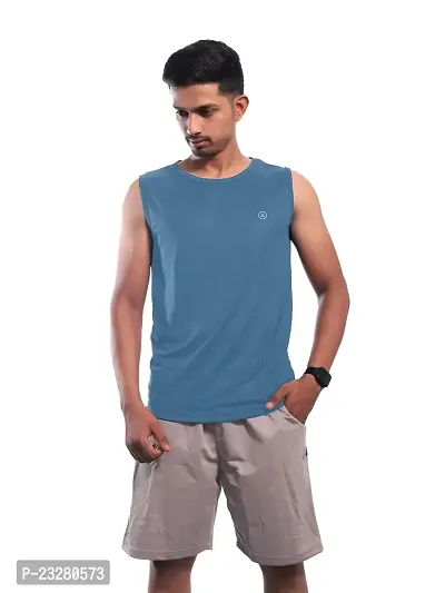 Rad prix Men Blue Textured Sleeveless Sports T-shirt-thumb0