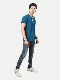 Rad prix Men Teal Blue Cotton Contrast Tipping Zipper Polo T-Shirt-thumb1