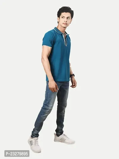 Rad prix Men Teal Blue Cotton Contrast Tipping Zipper Polo T-Shirt-thumb2