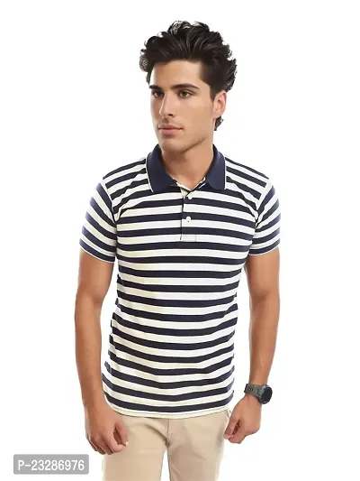 Mens Navy Fashion Striped Cotton Polo T-Shirt-thumb0