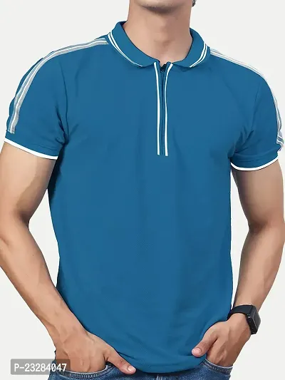 Rad prix Men Solid Blue Cotton Contrast Tipping Polo T-Shirt-thumb4