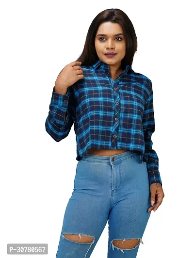 Women Blue Checked Cotton Shirts-thumb0