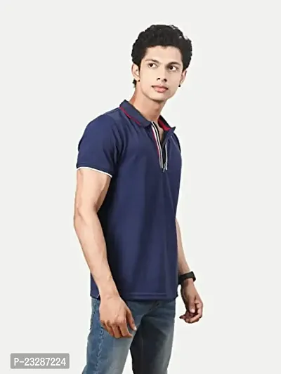 Rad prix Men Navy Cotton Contrast Tipping Zipper Polo T-Shirt-thumb2