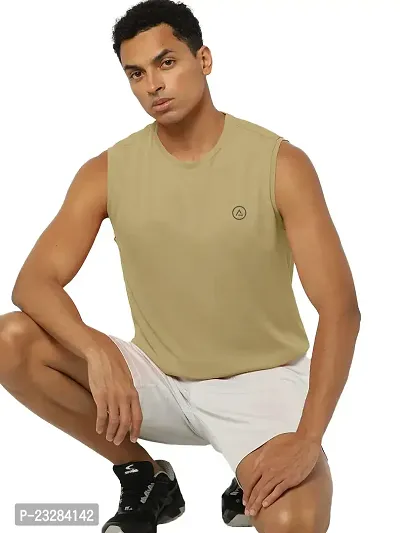 Rad prix Men Beige Solid Sleeveless Sports T-Shirt