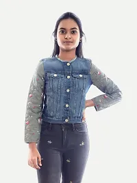 Rad prix Teen Girls Denim Blue Jacket With Flower Printed on Sleeves-thumb1