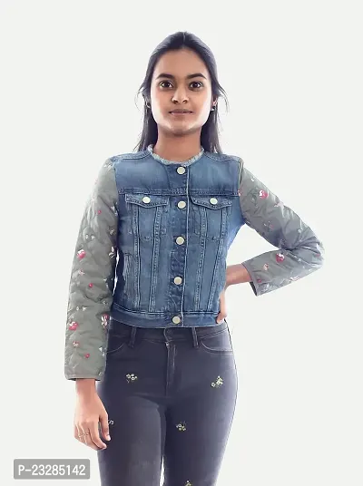 Rad prix Teen Girls Denim Blue Jacket With Flower Printed on Sleeves-thumb2