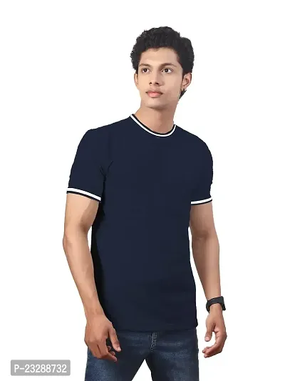 Rad prix Men Navy Round Neck Tee with Sleeve Print