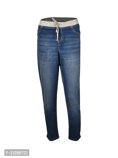 Women Blue Denim Knitted Rib Waist Casual Pant